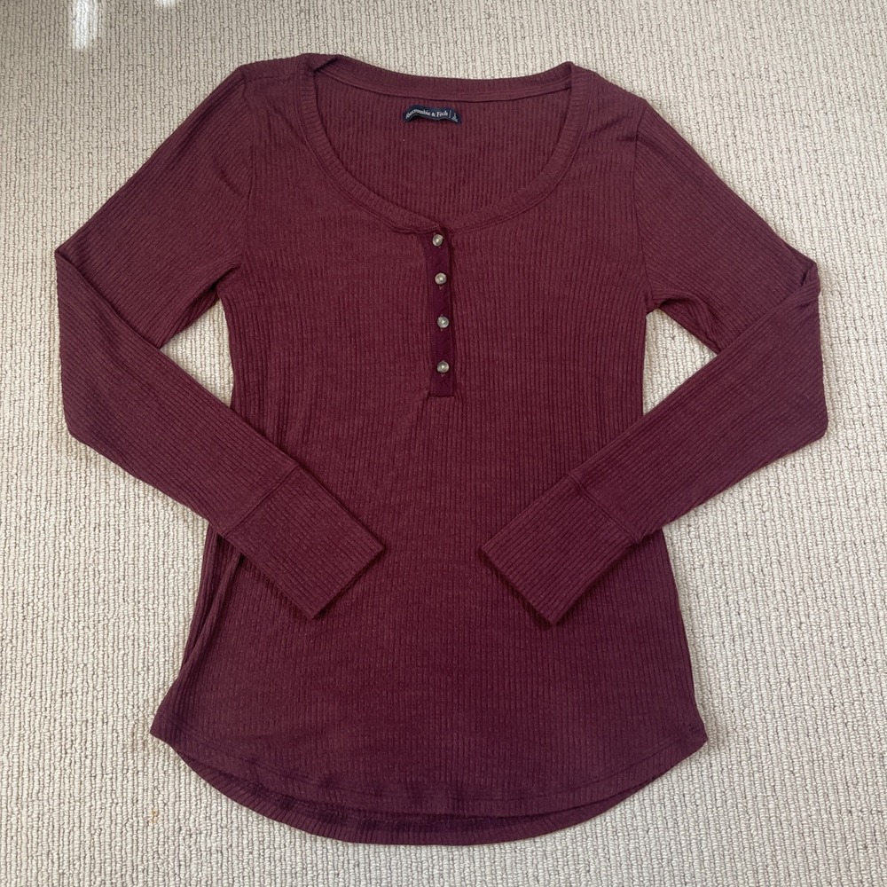 Abercrombie & Fitch Women's Large Ribbed Henley Long Sleeve Top Stretch Burgundy